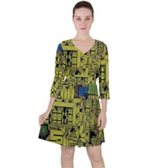 Technology Circuit Board Quarter Sleeve Ruffle Waist Dress by Ket1n9