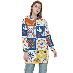 Mexican-talavera-pattern-ceramic-tiles-with-flower-leaves-bird-ornaments-traditional-majolica-style- Women s Long Oversized Pullover Hoodie by Ket1n9