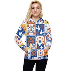 Mexican-talavera-pattern-ceramic-tiles-with-flower-leaves-bird-ornaments-traditional-majolica-style- Women s Lightweight Drawstring Hoodie by Ket1n9