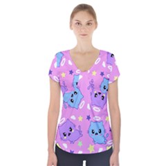 Seamless Pattern With Cute Kawaii Kittens Short Sleeve Front Detail Top by Grandong