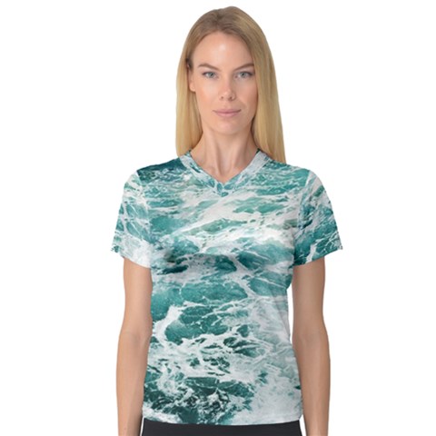 Blue Crashing Ocean Wave V-neck Sport Mesh T-shirt by Jack14