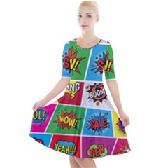 Pop Art Comic Vector Speech Cartoon Bubbles Popart Style With Humor Text Boom Bang Bubbling Expressi Quarter Sleeve A-line Dress by Amaryn4rt