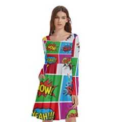Pop Art Comic Vector Speech Cartoon Bubbles Popart Style With Humor Text Boom Bang Bubbling Expressi Long Sleeve Knee Length Skater Dress With Pockets by Amaryn4rt