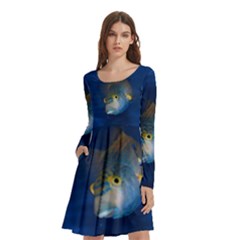 Fish Blue Animal Water Nature Long Sleeve Knee Length Skater Dress With Pockets by Amaryn4rt