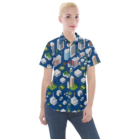 Isometric-seamless-pattern-megapolis Women s Short Sleeve Pocket Shirt by Amaryn4rt
