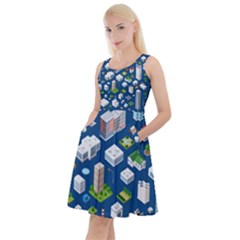 Isometric-seamless-pattern-megapolis Knee Length Skater Dress With Pockets by Amaryn4rt