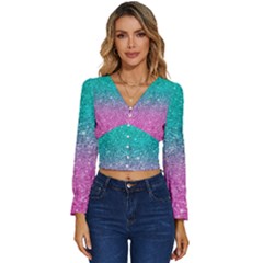 Pink And Turquoise Glitter Long Sleeve V-neck Top by Sarkoni