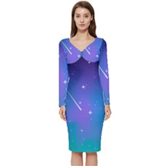 Stars Sky Cosmos Galaxy Long Sleeve V-neck Bodycon Dress  by Pakjumat