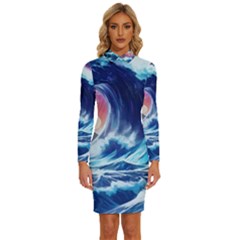 Storm Tsunami Waves Ocean Sea Nautical Nature Long Sleeve Shirt Collar Bodycon Dress by Pakjumat