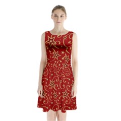 Christmas Texture Pattern Red Craciun Sleeveless Waist Tie Chiffon Dress by Sarkoni