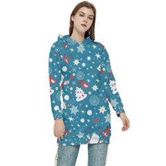 Christmas Pattern Santa Blue Women s Long Oversized Pullover Hoodie by Sarkoni