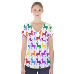 Colorful Horse Background Wallpaper Short Sleeve Front Detail Top by Amaryn4rt