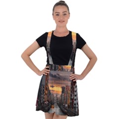 River Buildings City Urban Velvet Suspender Skater Skirt by Sarkoni