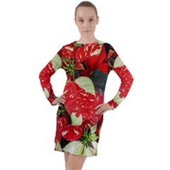 Poinsettia Christmas Star Plant Long Sleeve Hoodie Dress by Sarkoni