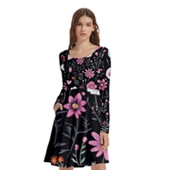 Flowers Pattern Long Sleeve Knee Length Skater Dress With Pockets by Ravend