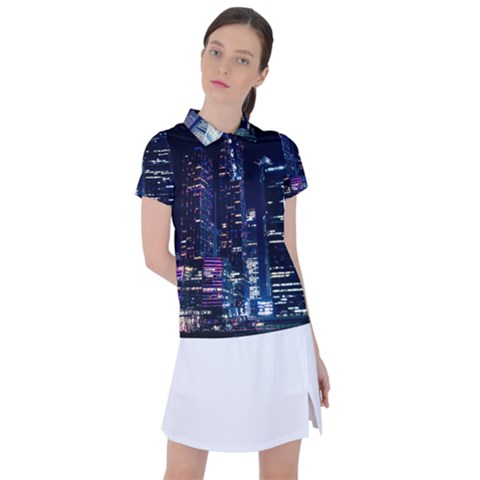 Black Building Lighted Under Clear Sky Women s Polo T-shirt by Modalart