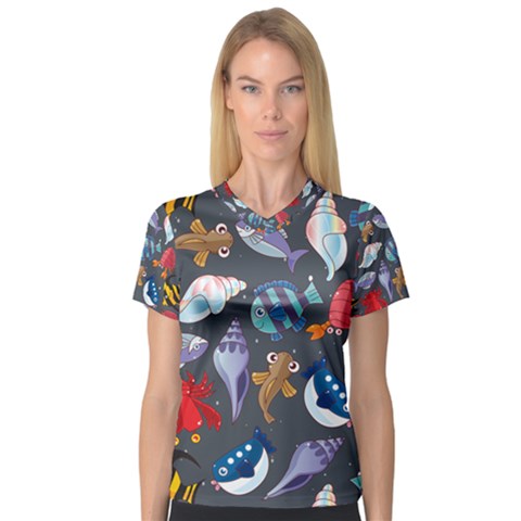 Sea Animals Pattern Wallpaper Fish V-neck Sport Mesh T-shirt by Grandong