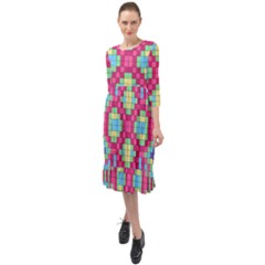Checkerboard Squares Abstract Texture Pattern Ruffle End Midi Chiffon Dress by Apen