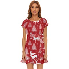 Christmas Tree Deer Pattern Red Puff Sleeve Frill Dress by Ravend