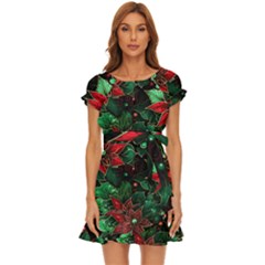 Flower Floral Pattern Christmas Puff Sleeve Frill Dress by Ravend