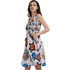 Full Color Flash Tattoo Patterns Sleeveless V-neck Skater Dress With Pockets by Bedest