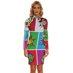Pop Art Comic Vector Speech Cartoon Bubbles Popart Style With Humor Text Boom Bang Bubbling Expressi Long Sleeve Shirt Collar Bodycon Dress by Bedest