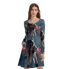 Astronaut Moon Space Nasa Planet Long Sleeve Knee Length Skater Dress With Pockets by Maspions