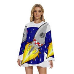 Rocket Ship Launch Vehicle Moon Round Neck Long Sleeve Bohemian Style Chiffon Mini Dress by Sarkoni