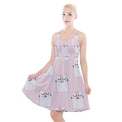 Pattern Pink Cute Sweet Fur Cats Halter Party Swing Dress  by Sarkoni