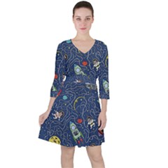 Cat Cosmos Cosmonaut Rocket Quarter Sleeve Ruffle Waist Dress by Grandong