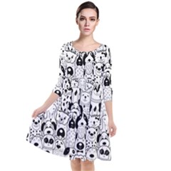 Seamless Pattern With Black White Doodle Dogs Quarter Sleeve Waist Band Dress by Grandong