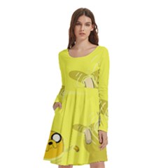 Adventure Time Jake The Dog Finn The Human Artwork Yellow Long Sleeve Knee Length Skater Dress With Pockets by Sarkoni