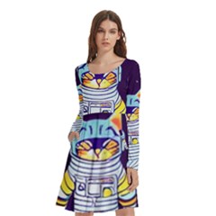 Cat Astronaut Space Retro Universe Long Sleeve Knee Length Skater Dress With Pockets by Bedest
