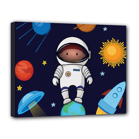 Boy Spaceman Space Rocket Ufo Planets Stars Canvas 14  X 11  (stretched) by Ndabl3x