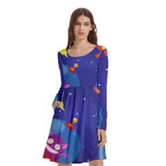 Cartoon Funny Aliens With Ufo Duck Starry Sky Set Long Sleeve Knee Length Skater Dress With Pockets by Ndabl3x