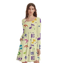 Seamless Pattern Musical Note Doodle Symbol Long Sleeve Knee Length Skater Dress With Pockets by Hannah976