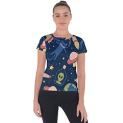 Seamless Pattern With Funny Aliens Cat Galaxy Short Sleeve Sports Top  by Hannah976