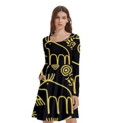 Golden Indian Traditional Signs Symbols Long Sleeve Knee Length Skater Dress With Pockets by Apen