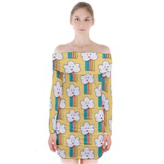 Smile Cloud Rainbow Pattern Yellow Long Sleeve Off Shoulder Dress by Apen