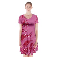 Pink Circuit Pattern Short Sleeve V-neck Flare Dress by Ket1n9