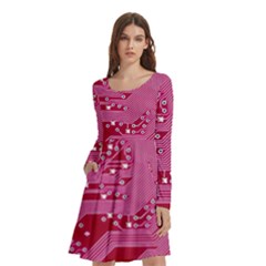 Pink Circuit Pattern Long Sleeve Knee Length Skater Dress With Pockets by Ket1n9