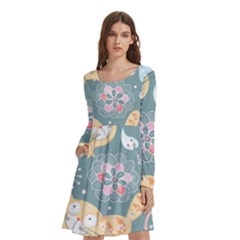 Cute Cat Background Pattern Long Sleeve Knee Length Skater Dress With Pockets by Ket1n9