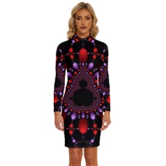 Fractal Red Violet Symmetric Spheres On Black Long Sleeve Shirt Collar Bodycon Dress by Ket1n9