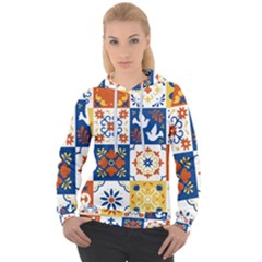 Mexican Talavera Pattern Ceramic Tiles With Flower Leaves Bird Ornaments Traditional Majolica Style Women s Overhead Hoodie by Ket1n9