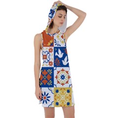 Mexican Talavera Pattern Ceramic Tiles With Flower Leaves Bird Ornaments Traditional Majolica Style Racer Back Hoodie Dress by Ket1n9