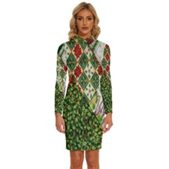 Christmas Quilt Background Long Sleeve Shirt Collar Bodycon Dress by Ndabl3x