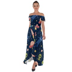 Seamless Pattern With Funny Alien Cat Galaxy Off Shoulder Open Front Chiffon Dress by Ndabl3x