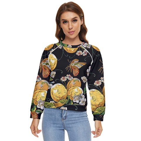 Embroidery Blossoming Lemons Butterfly Seamless Pattern Women s Long Sleeve Raglan T-shirt by Ket1n9