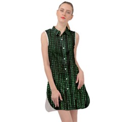 Green Matrix Code Illustration Digital Art Portrait Display Sleeveless Shirt Dress by Cendanart