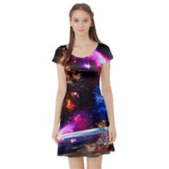 Colorful In Dark Royal Blue Fun Night Sky The Moon And Stars Short Sleeve Skater Dress by CoolDesigns
